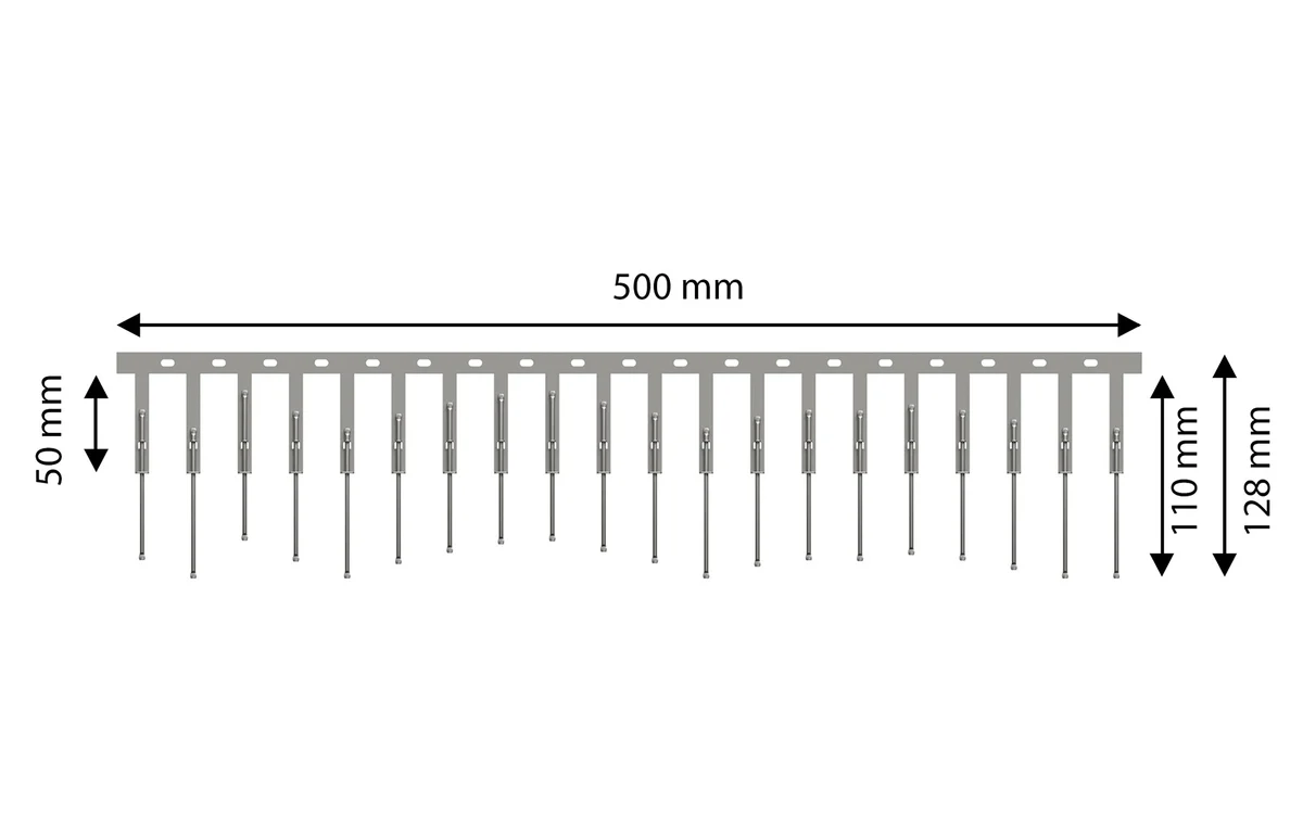 Masse der Spikes-Leiste: 500 mm lang, Spitzen 110 bis 128 mm